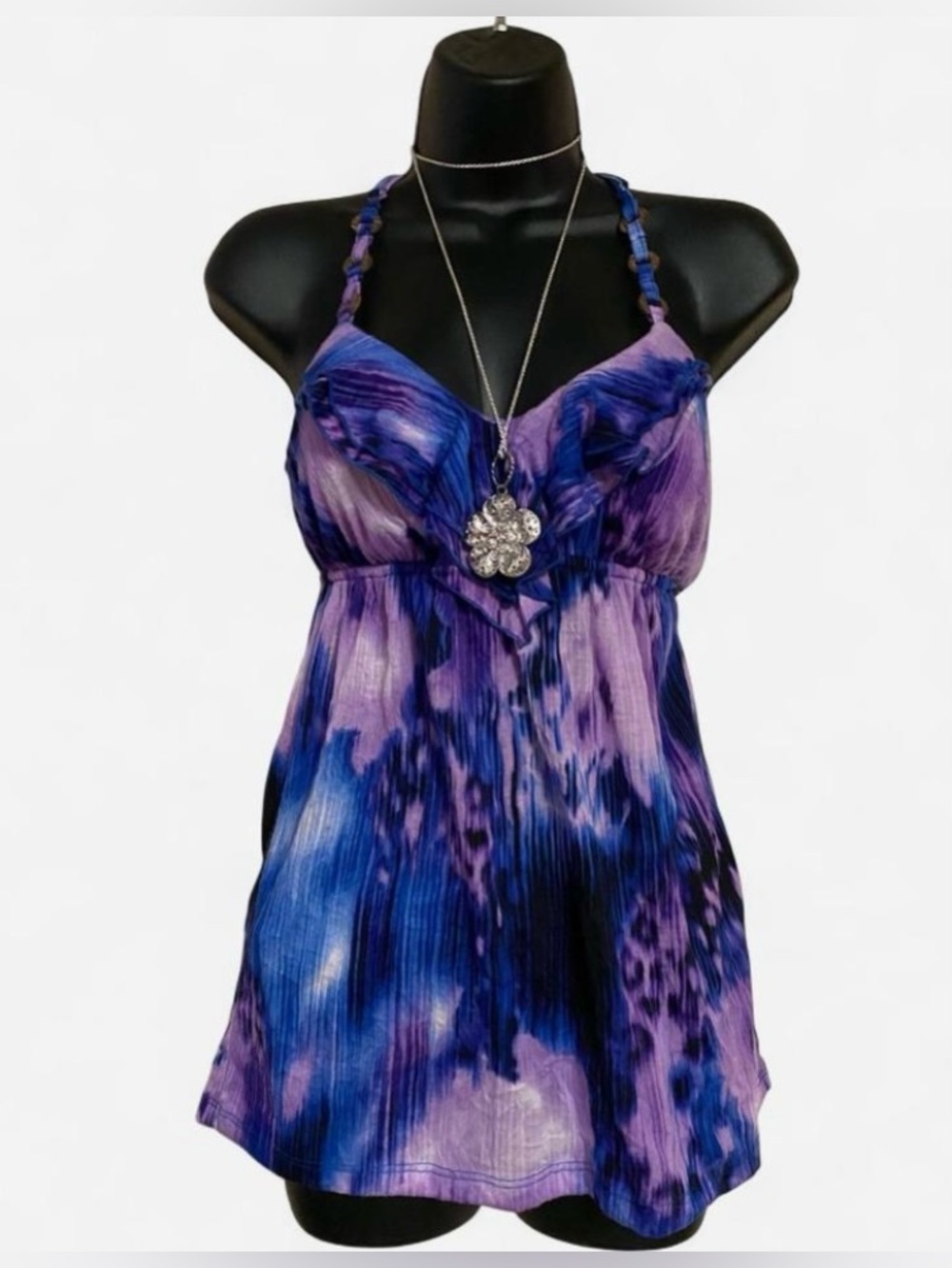 Y2k NOBO Purple & Blue Tie Dye Babydoll Top with Leopard Print & Ruffles